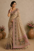 Linen Cotton Silk Saree | Digital Print, Khatli Kut Dana Handwork, Stone Embellished Designer Wear