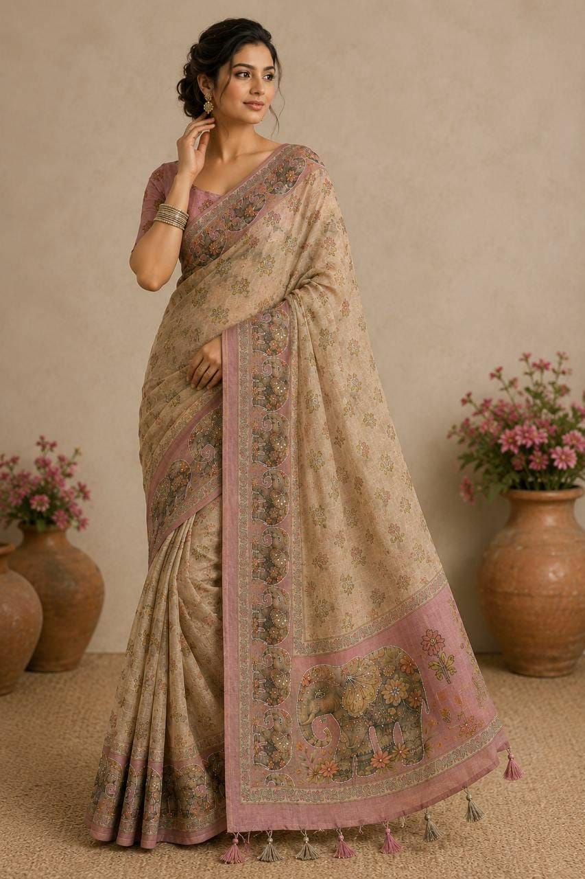 Linen Cotton Silk Saree | Digital Print, Khatli Kut Dana Handwork, Stone Embellished Designer Wear