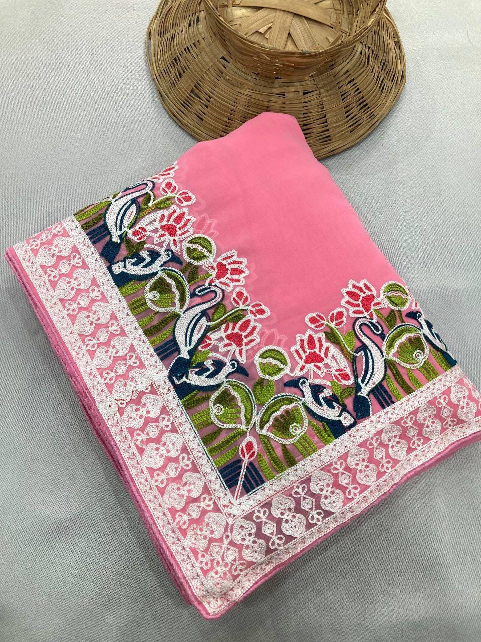 Soft Georgette Saree with Embroidery Lace Cutwork Border, Party Wear, Mono Banglory Silk Blouse