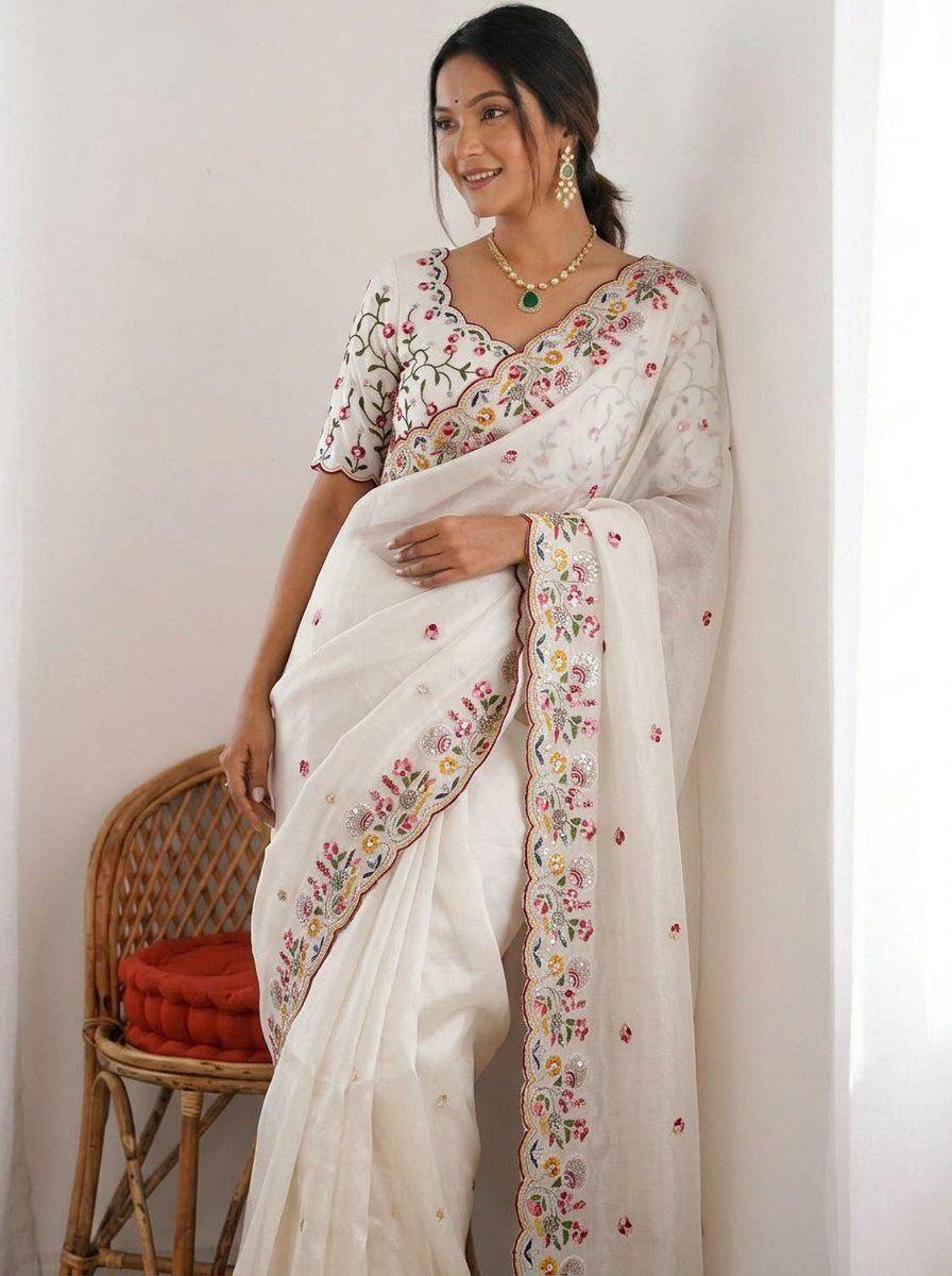 Embroidered Crush Silk Saree with Cutwork Border | Designer Wedding Party Wear Blouse Piece