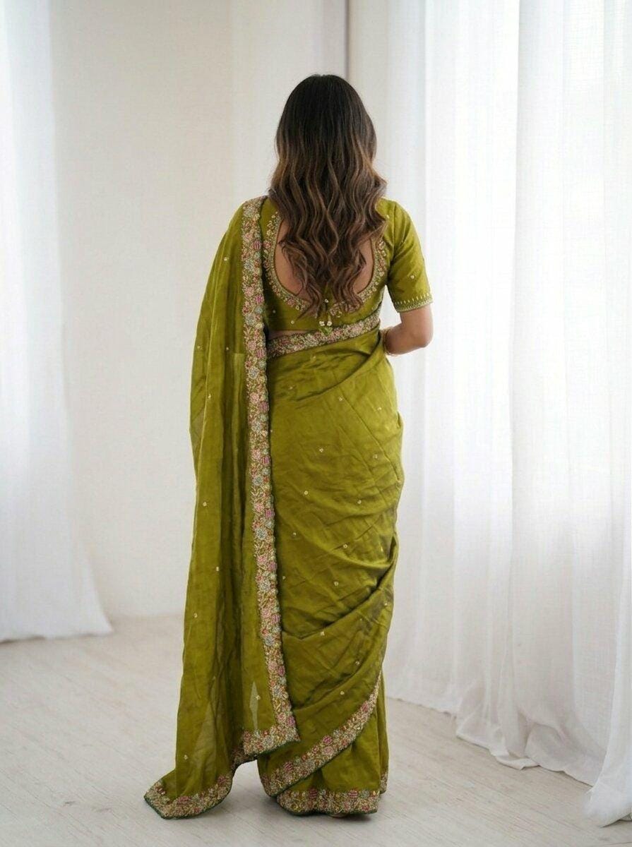 Fendy Satin Silk Saree | Embroidery, Cutwork Border, Designer Wedding Wear