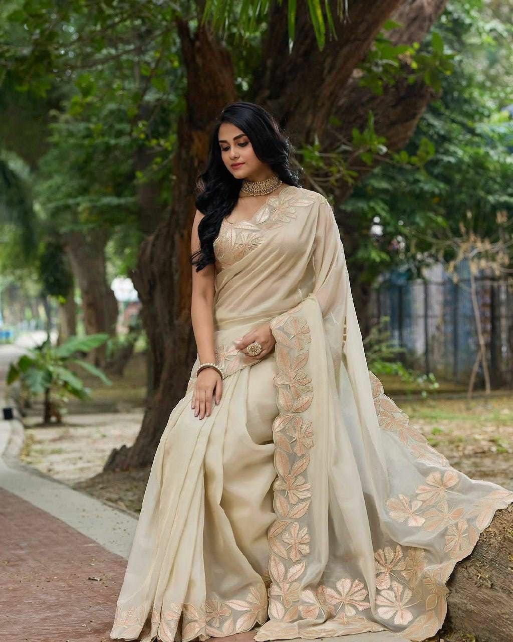 Pure Organza Silk Saree | Sequin Embroidery, Arco Cut Border, Banglory Silk Blouse