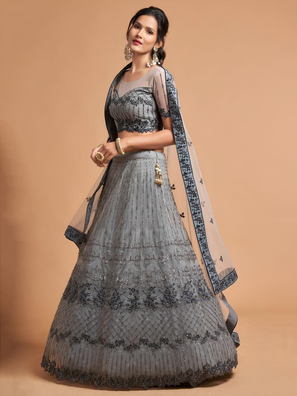 Grey Net Lehenga Choli | Zari Sequin Embroidery, A-Line Bridal Wear