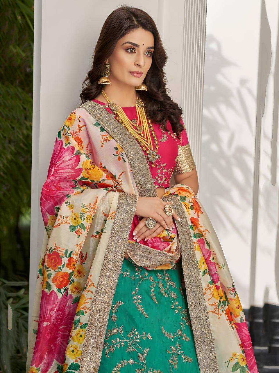 Green Art Silk Lehenga Choli | Zari Sequin Embroidery, Floral Organza Dupatta