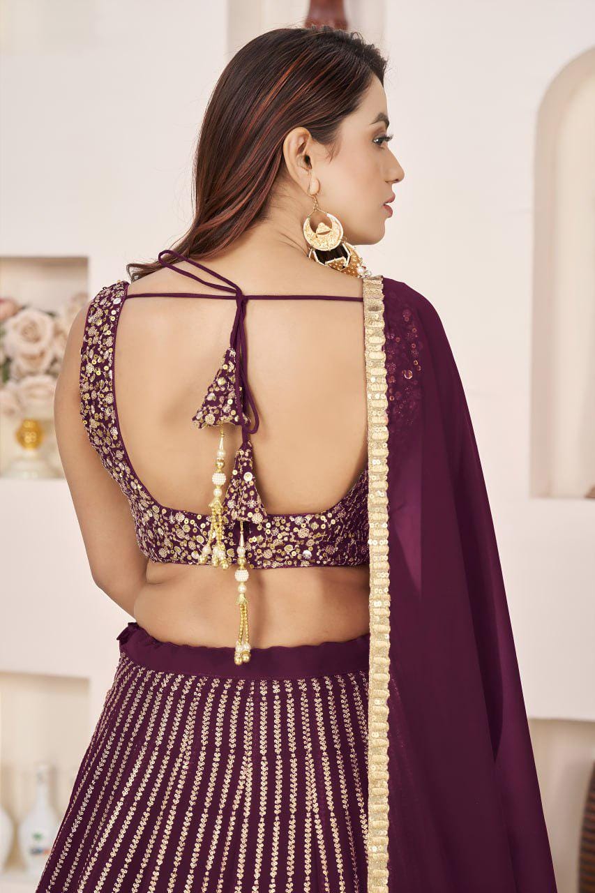 Wine Georgette Lehenga Choli Set | Zari Sequins Embroidery, A-Line Party Wear