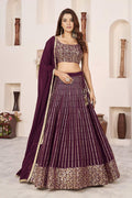 Wine Georgette Lehenga Choli Set | Zari Sequins Embroidery, A-Line Party Wear