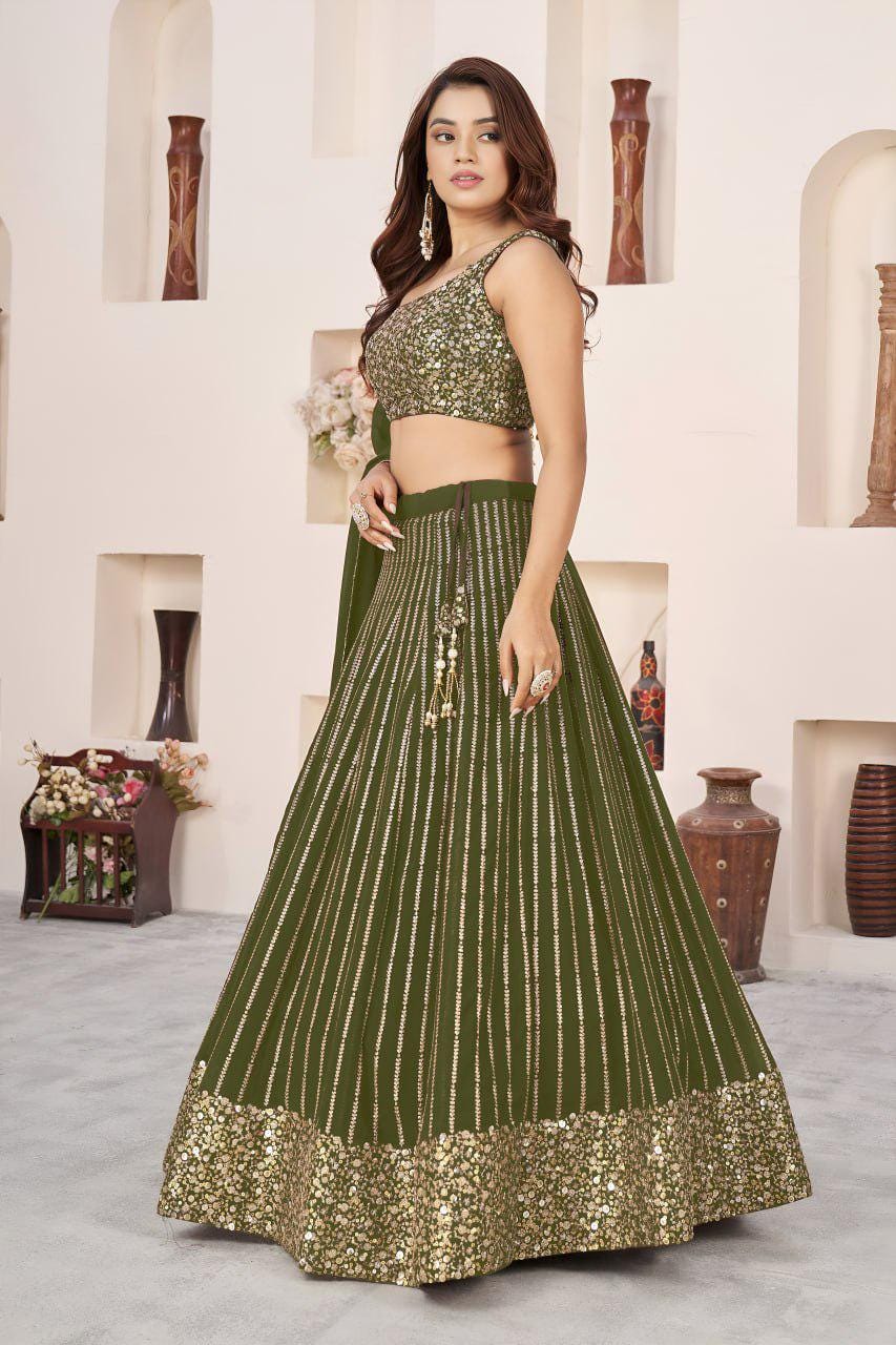 Olive Green Georgette Lehenga Choli Set | Zari Sequins Embroidery, Semi-Stitched A-Line