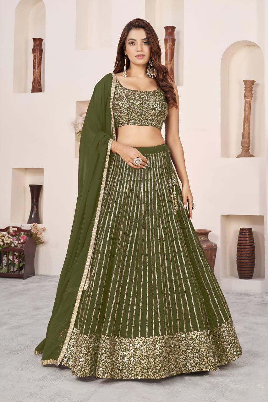Olive Green Georgette Lehenga Choli Set | Zari Sequins Embroidery, Semi-Stitched A-Line