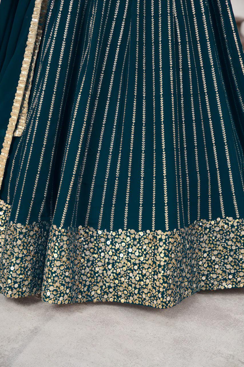 Bottle Green Georgette Lehenga Choli Set | Zari Sequins Embroidery, Festive Wear
