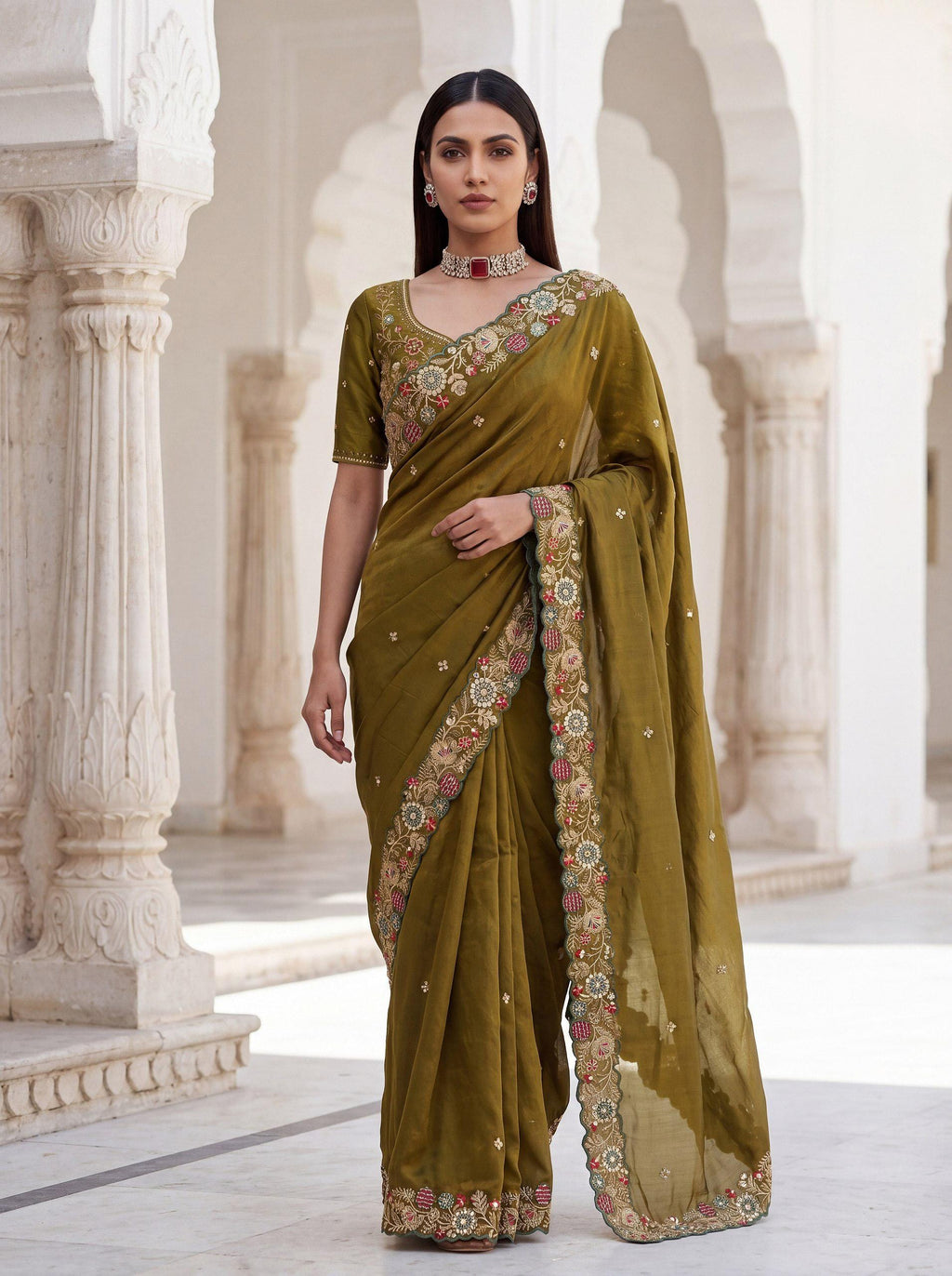 Fendy Satin Silk Saree with Embroidered Butti & Cutwork Border | Wedding Heavy Blouse