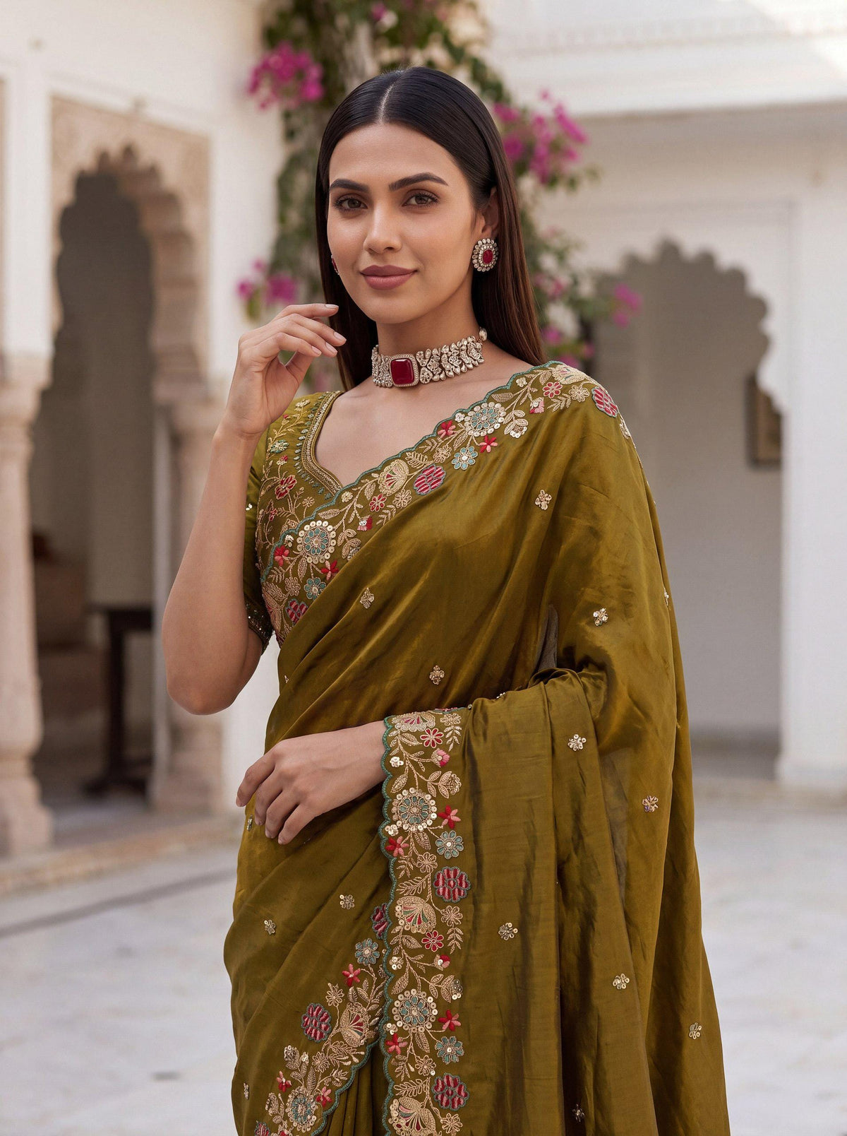 Fendy Satin Silk Saree with Embroidered Butti & Cutwork Border | Wedding Heavy Blouse