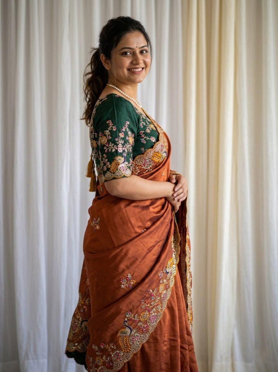 Rangoli Silk Saree | White Coding, Multi Embroidery, C-Pallu, Cutwork Border, Unstitched Blouse