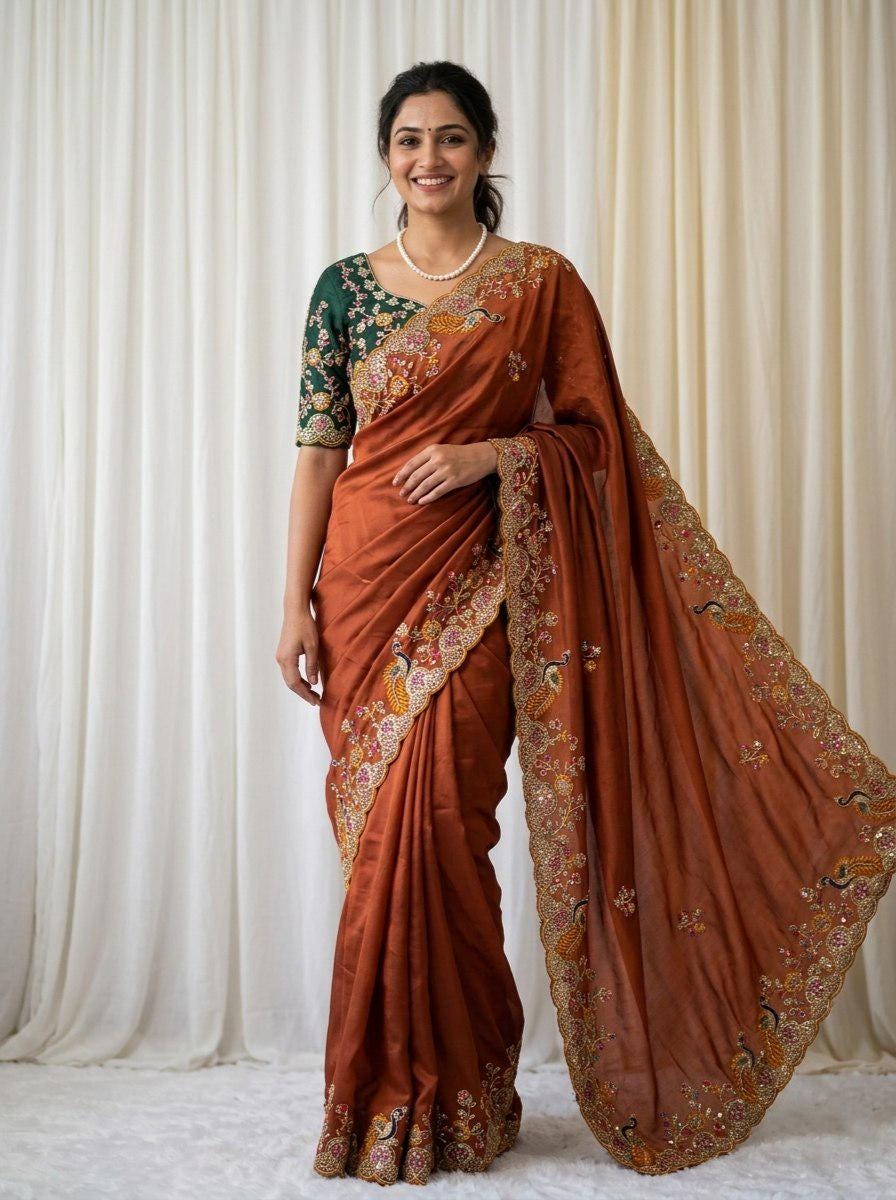 Rangoli Silk Saree | White Coding, Multi Embroidery, C-Pallu, Cutwork Border, Unstitched Blouse