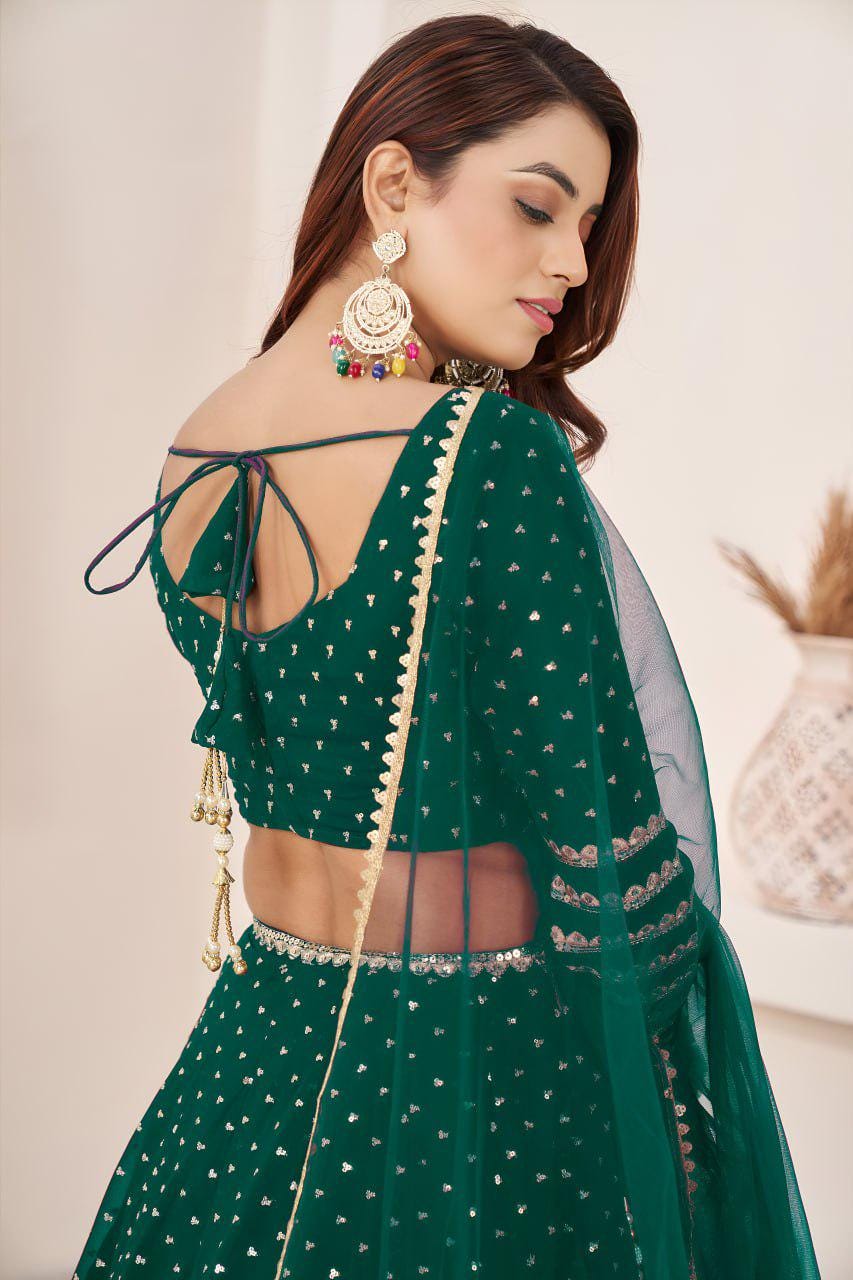 Teal Green Georgette Lehenga Choli Set | Zari Sequins Embroidery, Semi-Stitched Wedding Wear