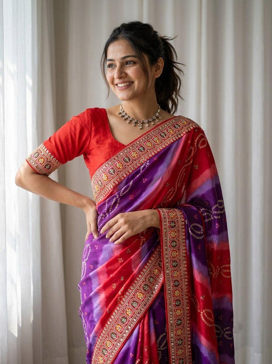 Digital Print Georgette Saree | Embroidered Lace Border, Silk Blouse (Digital Download)