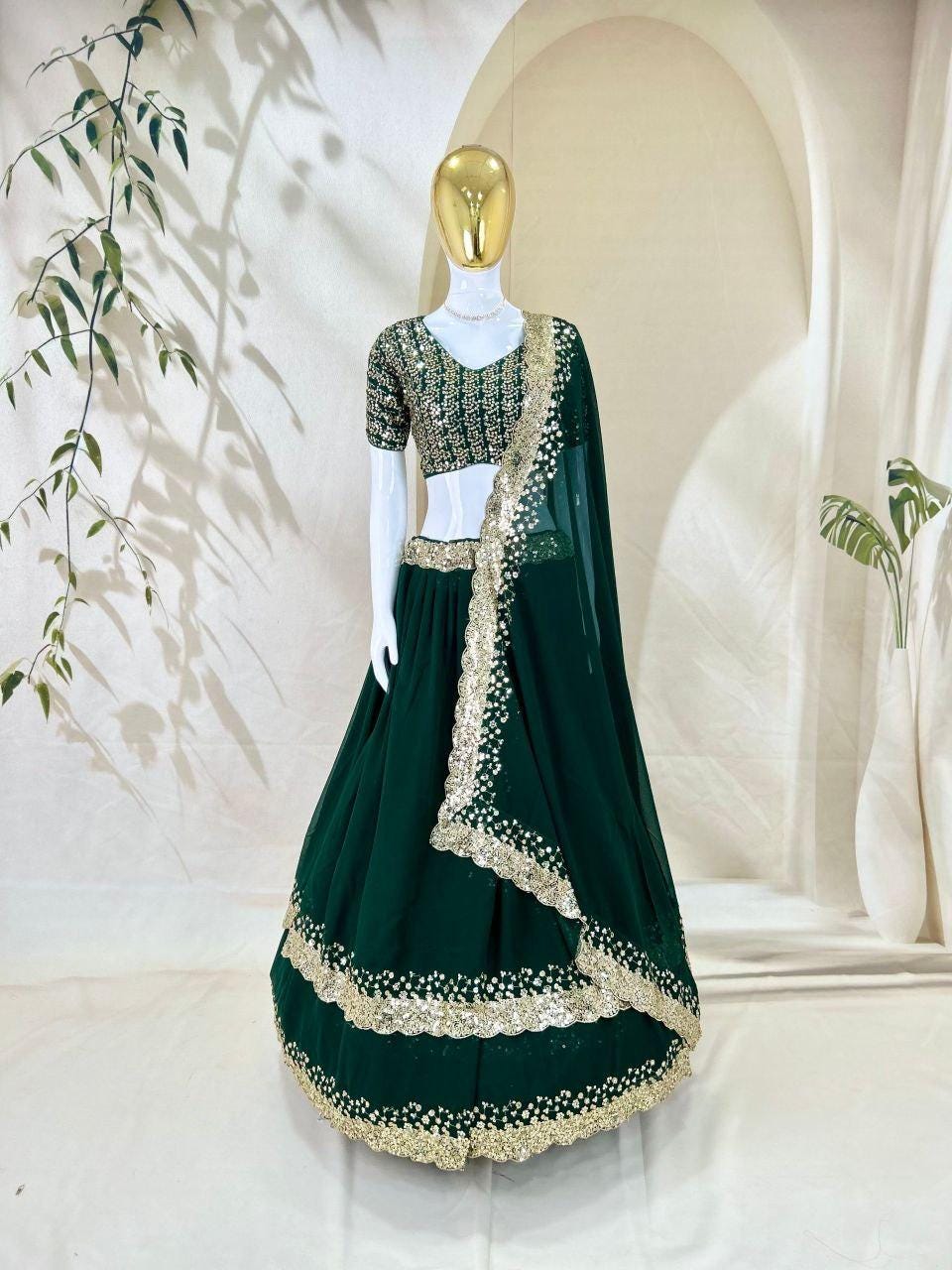 Emerald Georgette Lehenga Choli Set, Zari Sequin Embroidery, Wedding Party Wear