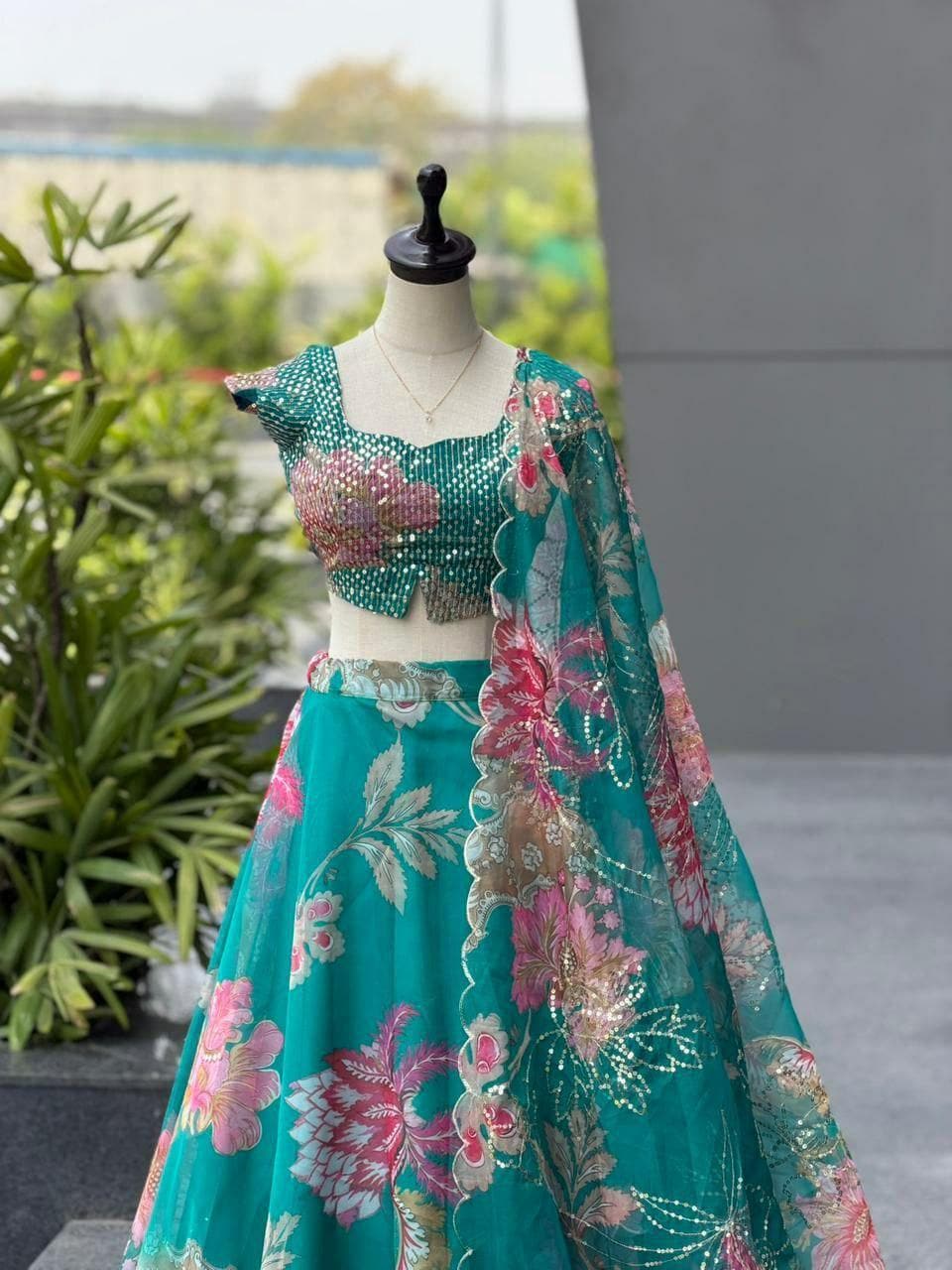Pure Organza Digital Print Lehenga Choli Set | 8 Meter Flare, Sequins, Batwa Bag