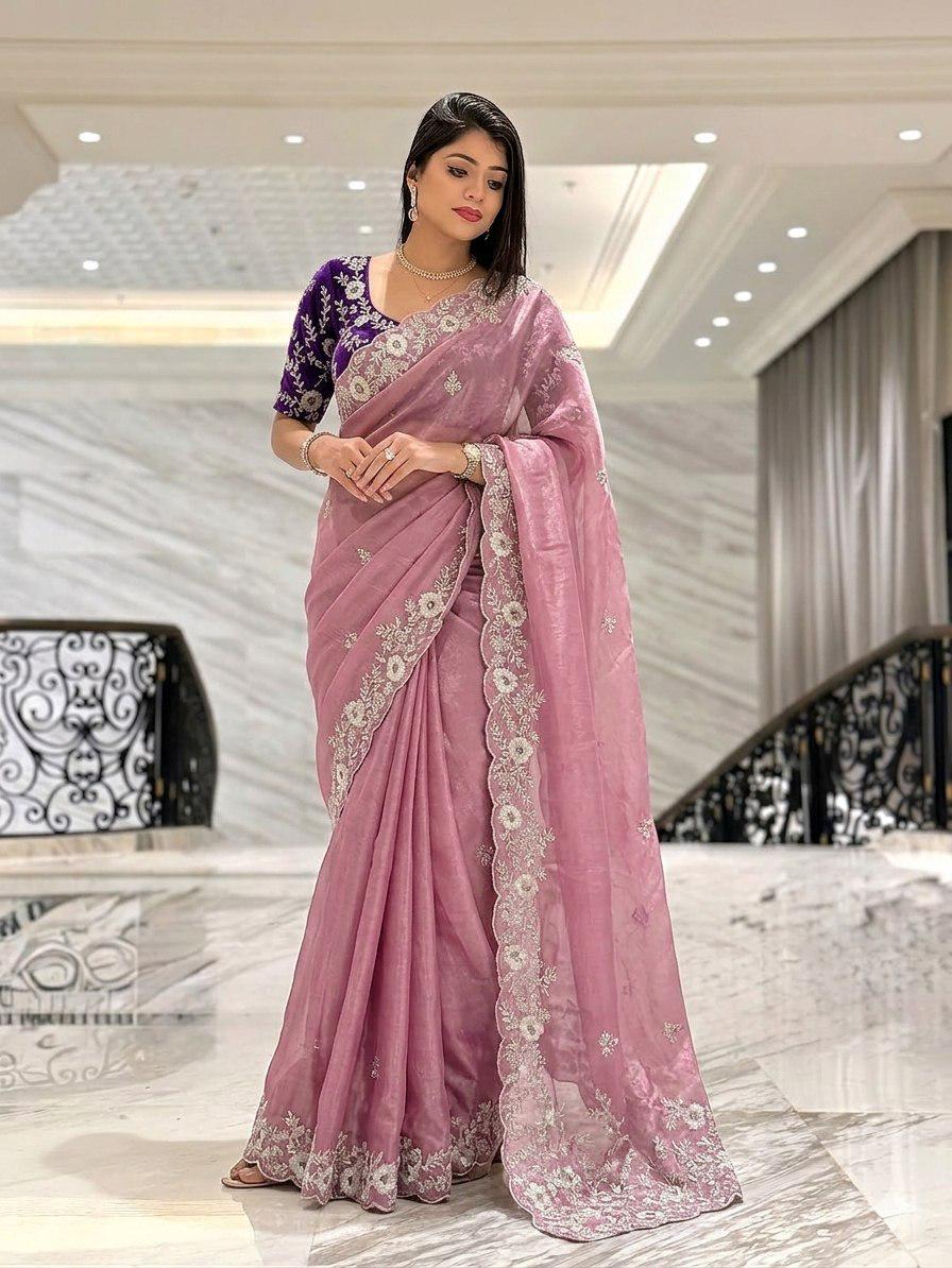 Pure Chinon Silk Saree | Cutwork Border, Heavy Embroidery Blouse Piece