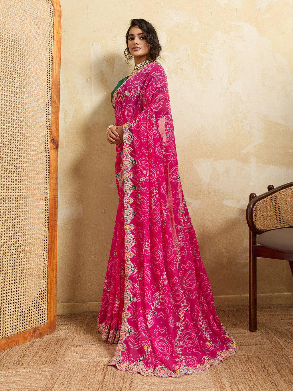 Georgette Bandhej Print Saree | Embroidered Cutwork Border, Silk Blouse Piece