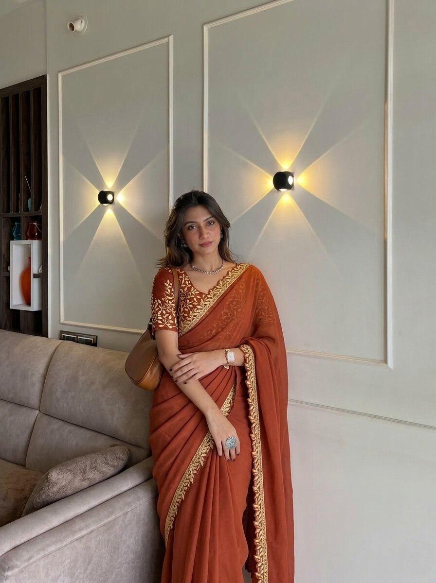 Rangoli Silk Saree | Lace Cutwork Border, Embroidered Blouse, Wedding Party Wear