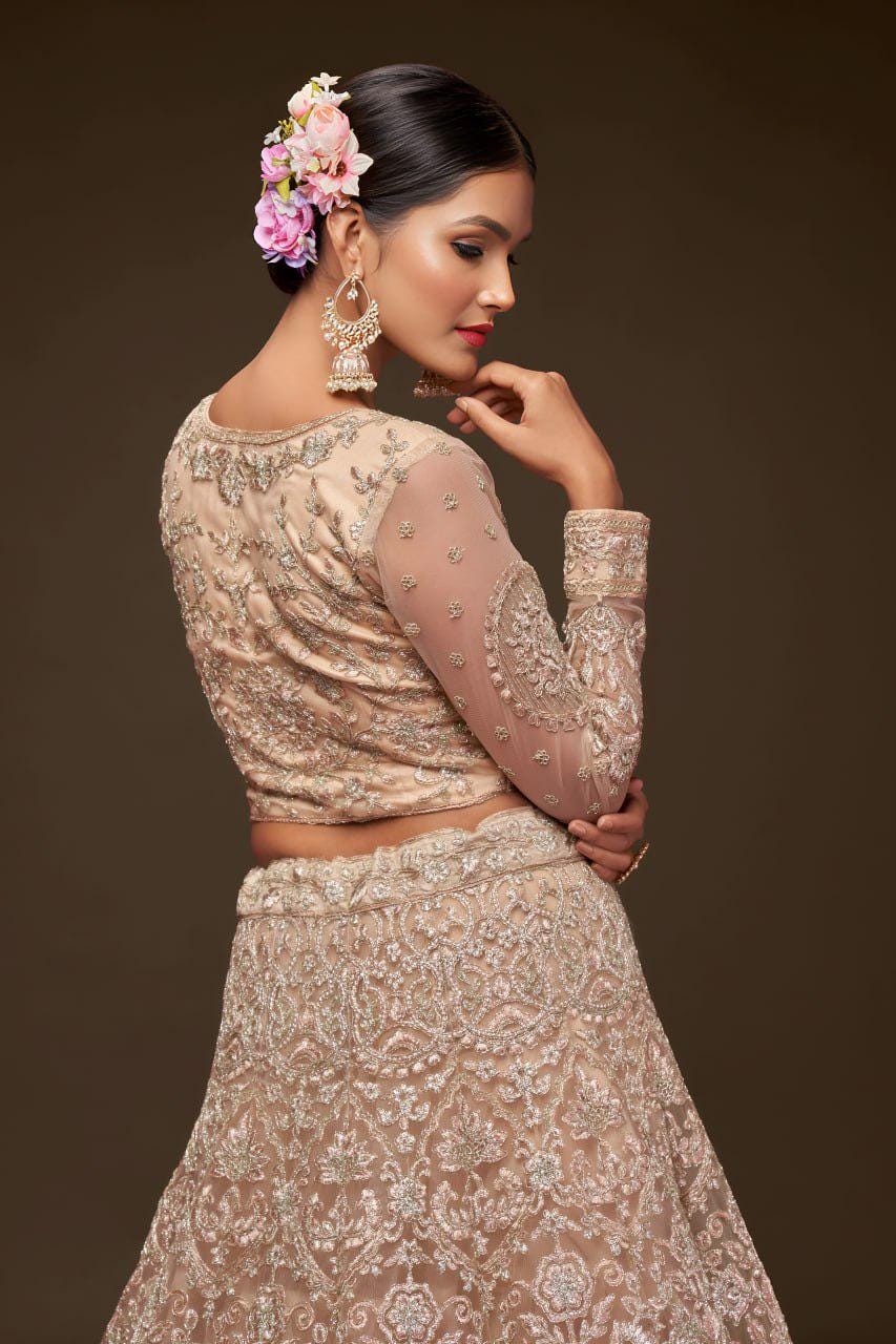 Champagne Beige Net Lehenga Choli, Zari Glitter Dori Embroidery, Semi-Stitched Wedding Set