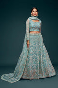 Aqua Blue Net Lehenga Choli Set, Zari Badla Glitter Dori Embroidery, Semi-Stitched Wedding Dupatta