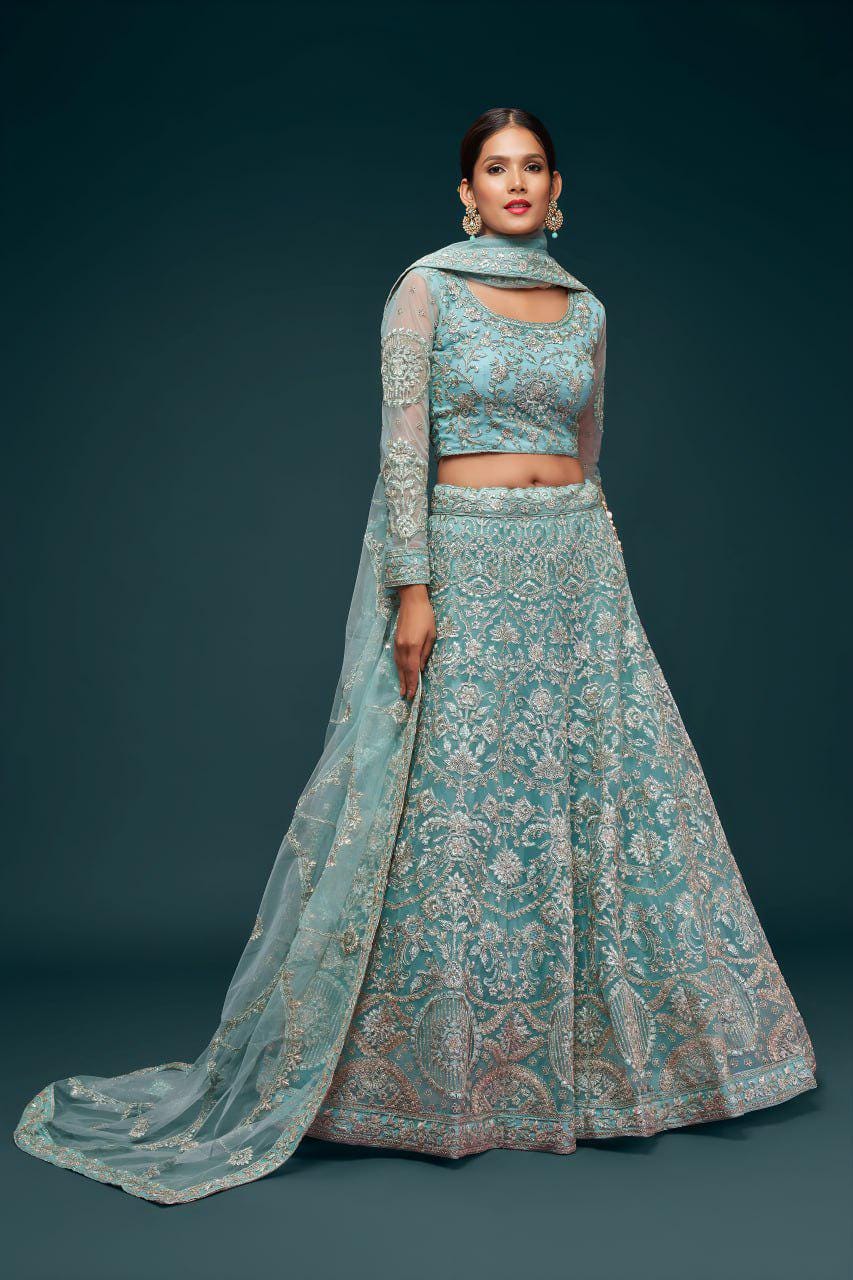 Aqua Blue Net Lehenga Choli Set, Zari Badla Glitter Dori Embroidery, Semi-Stitched Wedding Dupatta