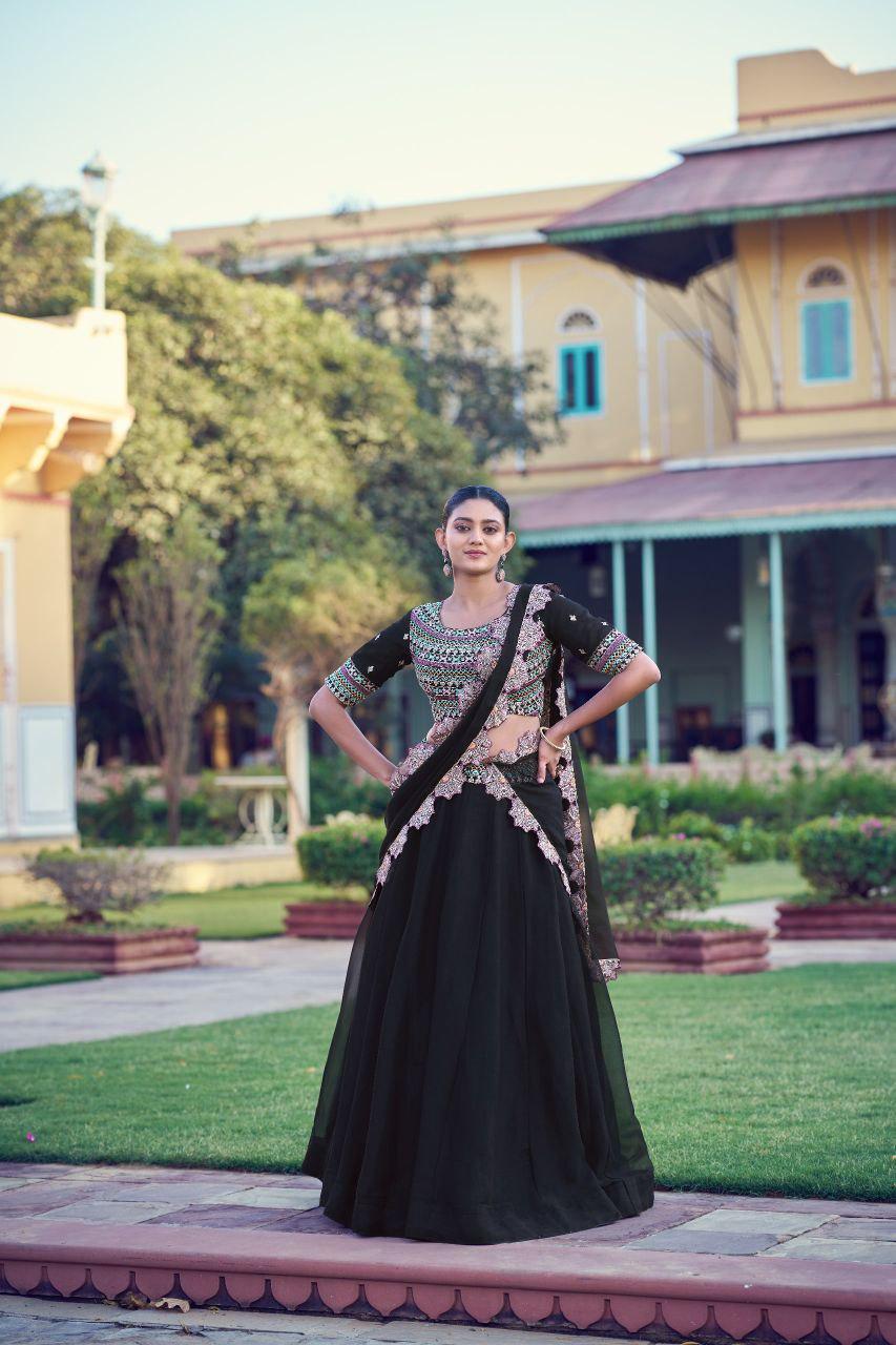 Aurum Georgette Lehenga Choli | Thread Sequins Embroidery, 5 Meter Flare, Floral Dupatta