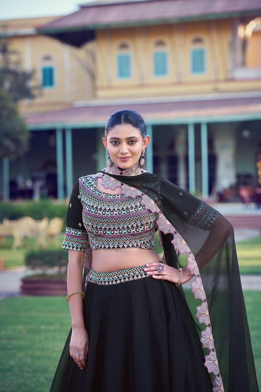 Aurum Georgette Lehenga Choli | Thread Sequins Embroidery, 5 Meter Flare, Floral Dupatta