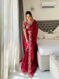 Fandy Satin Saree | Silver Zari Embroidery, Arco Cutwork Border, Wedding Guest Saree