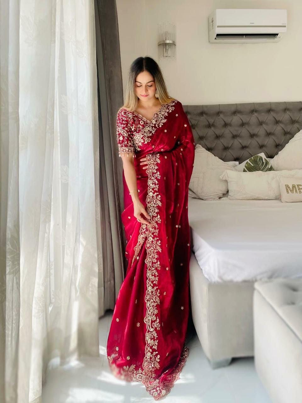 Fandy Satin Saree | Silver Zari Embroidery, Arco Cutwork Border, Wedding Guest Saree