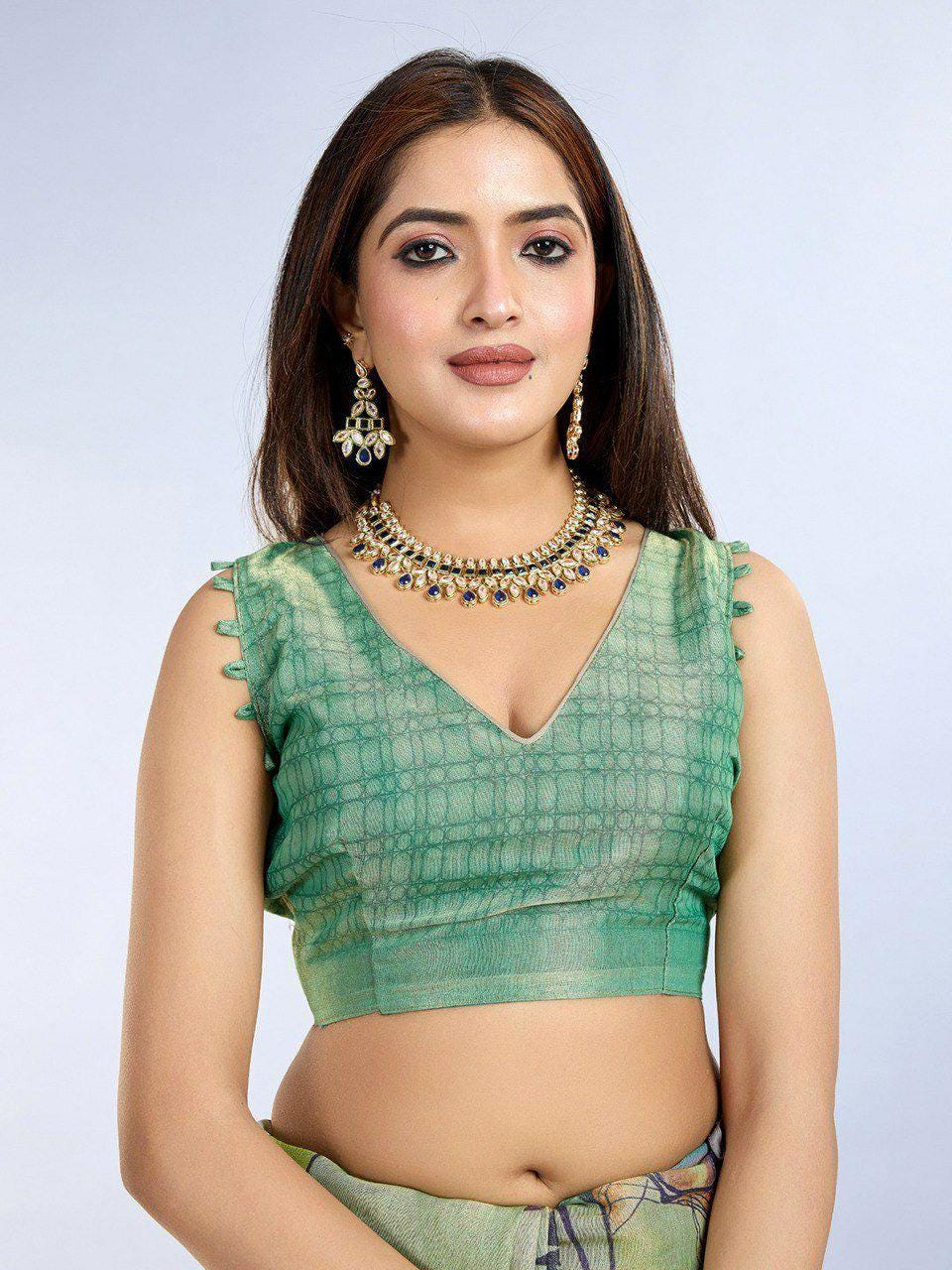 Green Floral Linen Cotton Saree | Silver Grey Woven Border, Digital Print, Festive Indian Saree