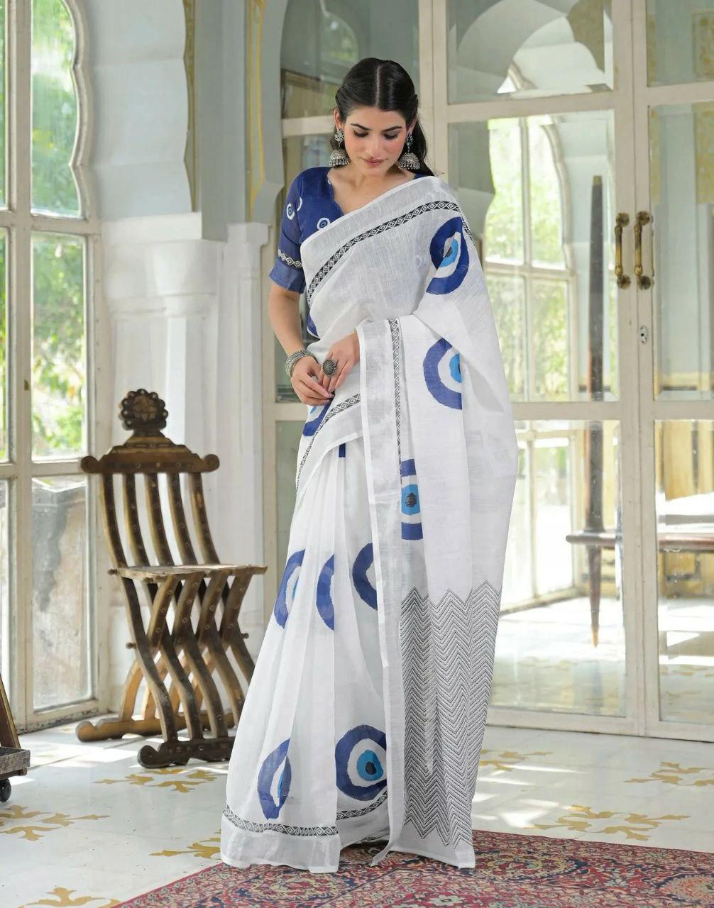 White Linen Cotton Saree | Najariya Print, Digital Pallu, Casual Everyday Wear