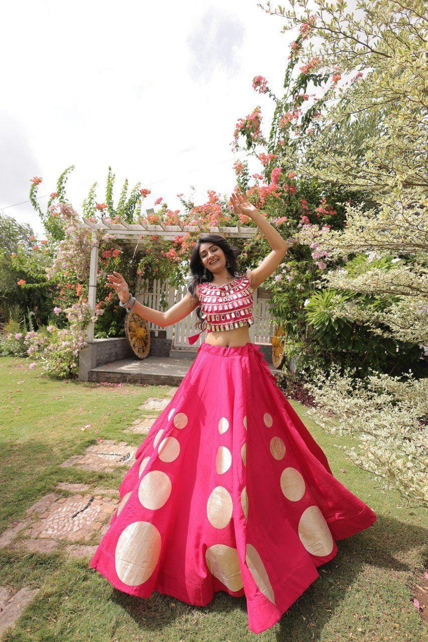 Roman Silk Lehenga Choli Set | Gota Mirror Work Festive Wedding Wear