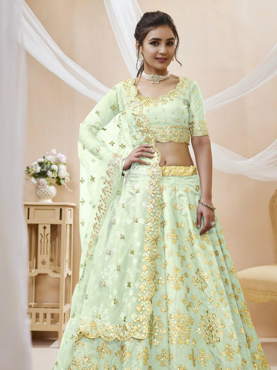 Pista Green Art Silk Lehenga Choli Set, Foil Zari Sequins Embroidery, Semi-Stitched Dupatta