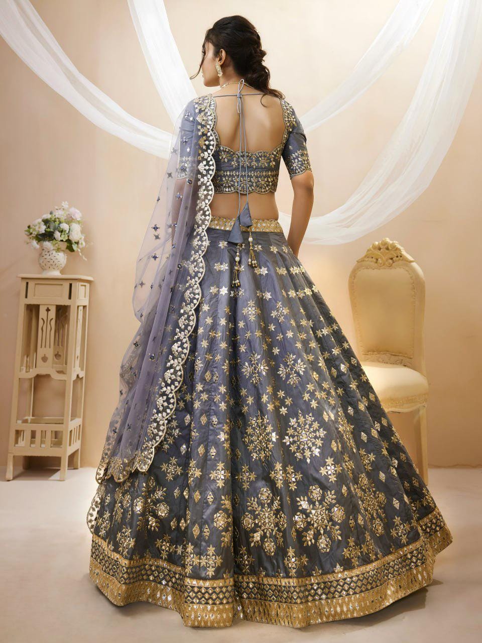 Grey Art Silk Lehenga Choli Set, Foil Zari Sequins Embroidery, Semi-Stitched Wedding Outfit
