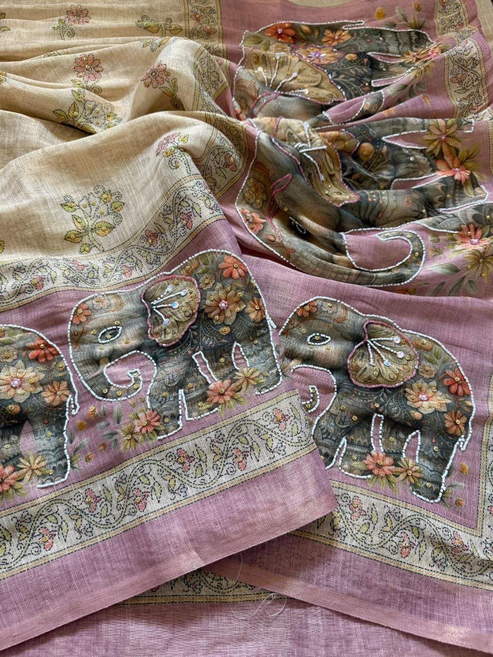 Linen Cotton Silk Saree | Digital Print, Khatli Kut Dana Handwork, Stone Embellished Designer Wear