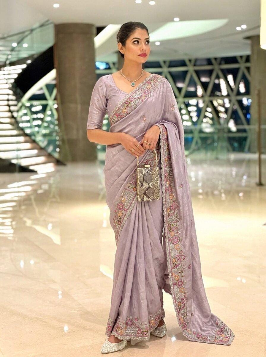 Soft Tissue Chiffon Silk Saree with Zarkan Embroidery | Designer Wedding Wear Blouse
