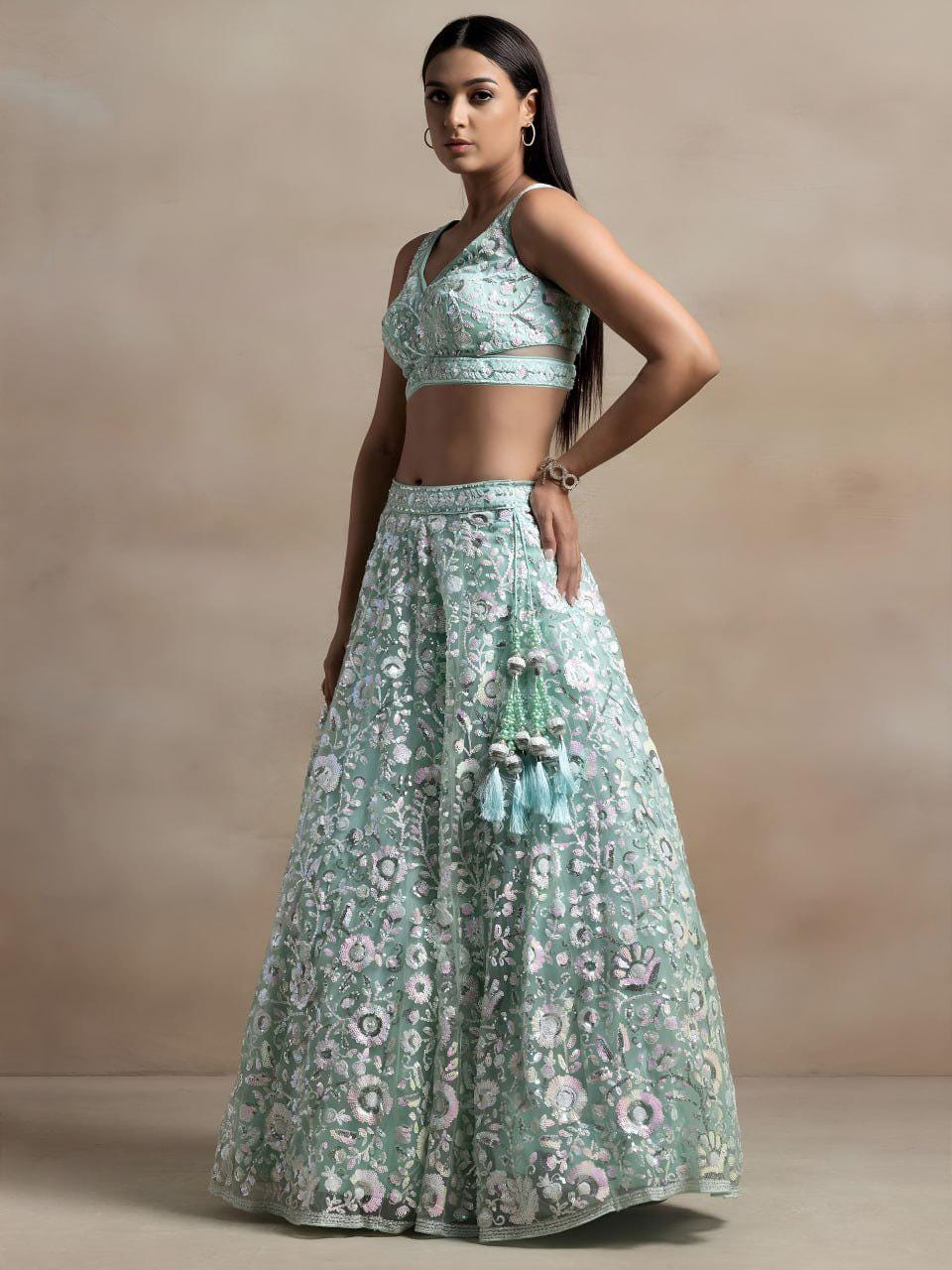 Aqua Blue Floral Embroidered Net Lehenga Choli Set | Semi-Stitched Wedding Outfit