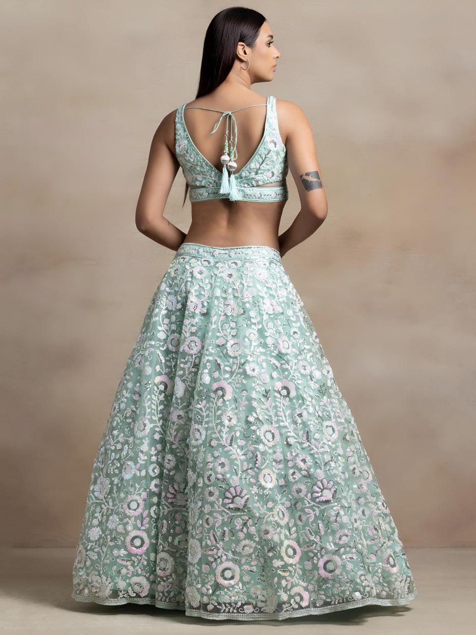 Aqua Blue Floral Embroidered Net Lehenga Choli Set | Semi-Stitched Wedding Outfit
