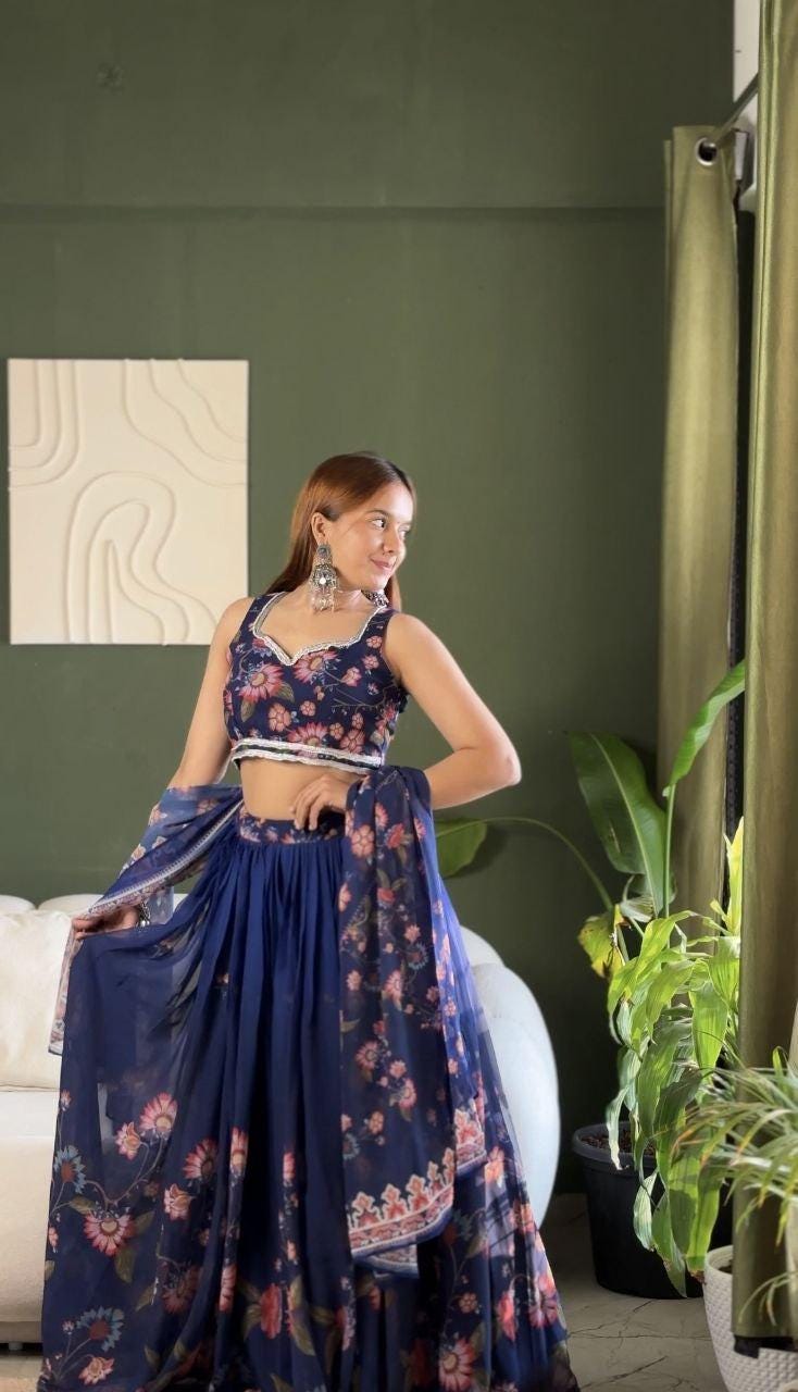 Soft Fox Georgette Floral Print Lehenga Choli Set | Stitched Padded Blouse, Party Wear