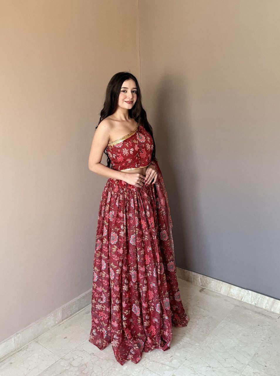 One Shoulder Floral Print Lehenga Choli Set | Ready-to-Wear Festive Wedding Outfit