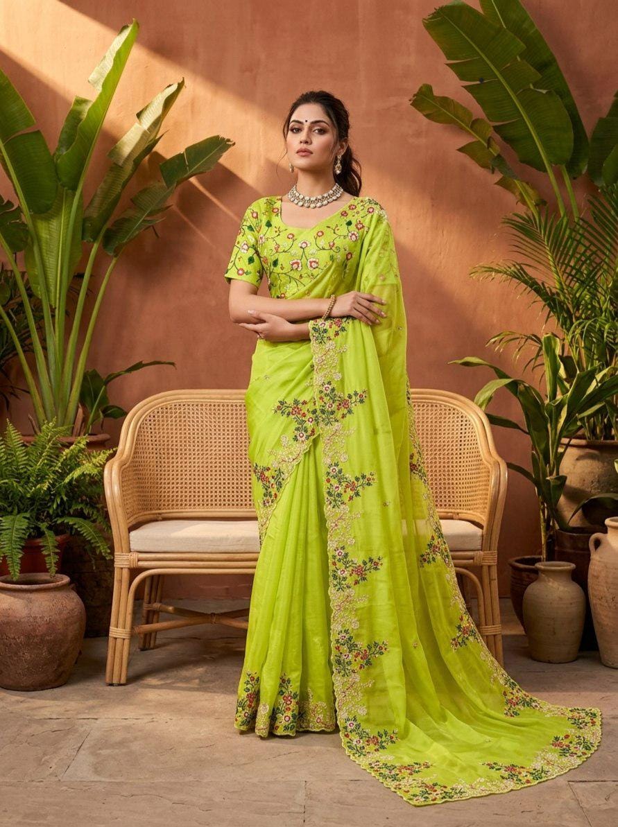 Paper Silk Saree Embroidered Sequins Cutwork Border | Designer Wedding Party Wear Blouse