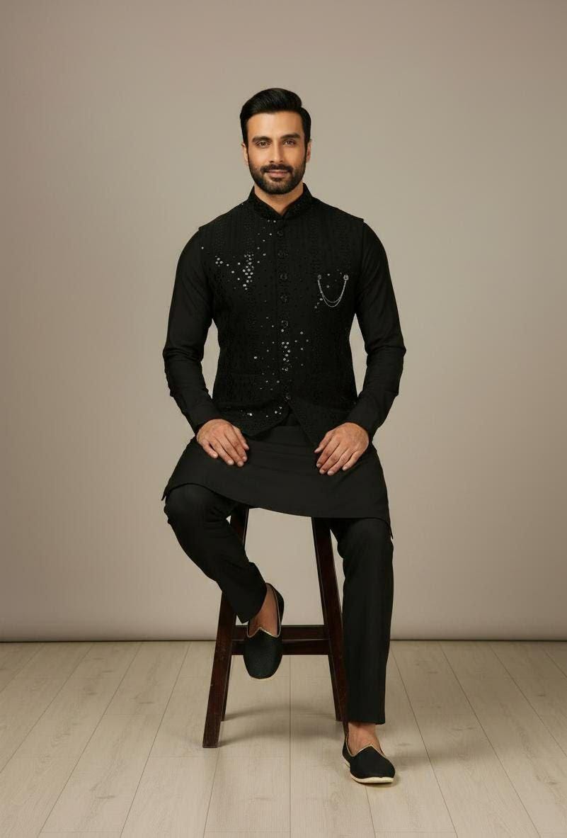 Chanderi Kurta Pant Set with Embroidered Koti | Festive Wedding Party Wear 3-Piece Outfit