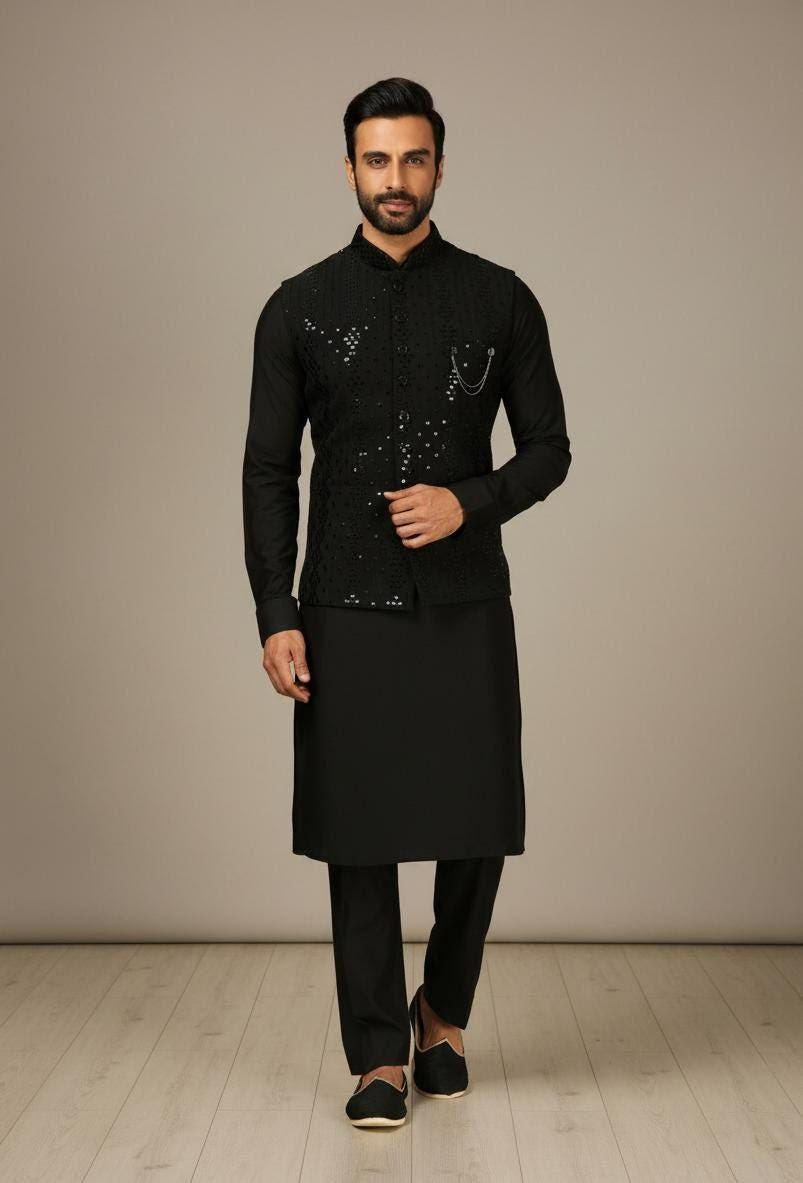 Chanderi Kurta Pant Set with Embroidered Koti | Festive Wedding Party Wear 3-Piece Outfit