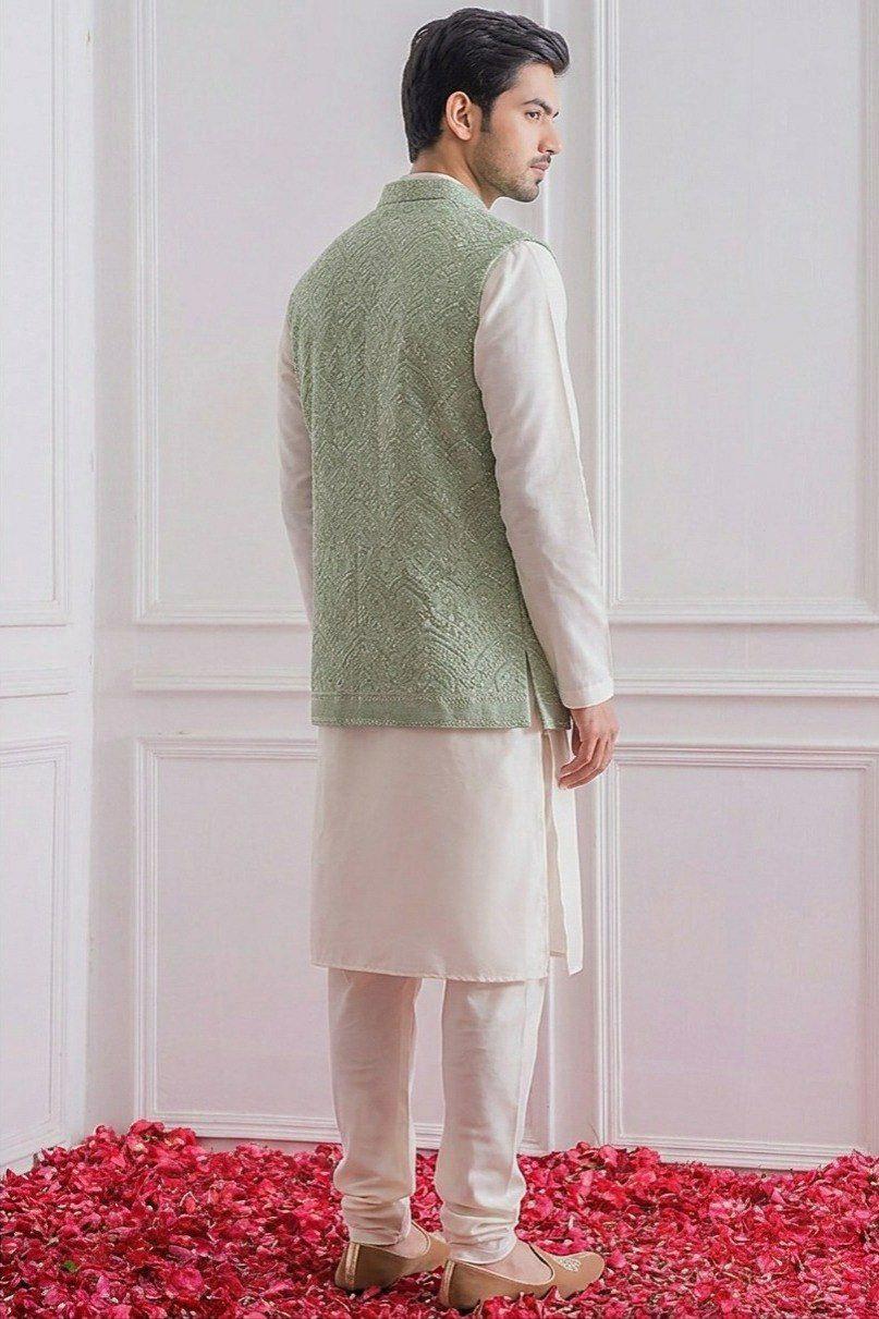 Men's Roman Silk Kurta Pajama Set with Embroidered Koti, Festive Ethnic Wear