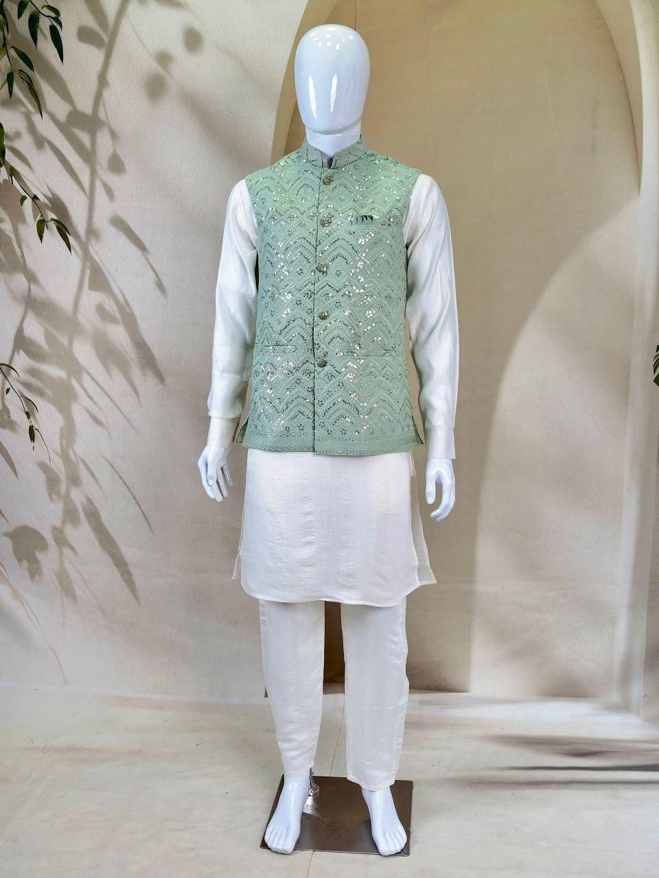 Men's Roman Silk Kurta Pajama Set with Embroidered Koti, Festive Ethnic Wear