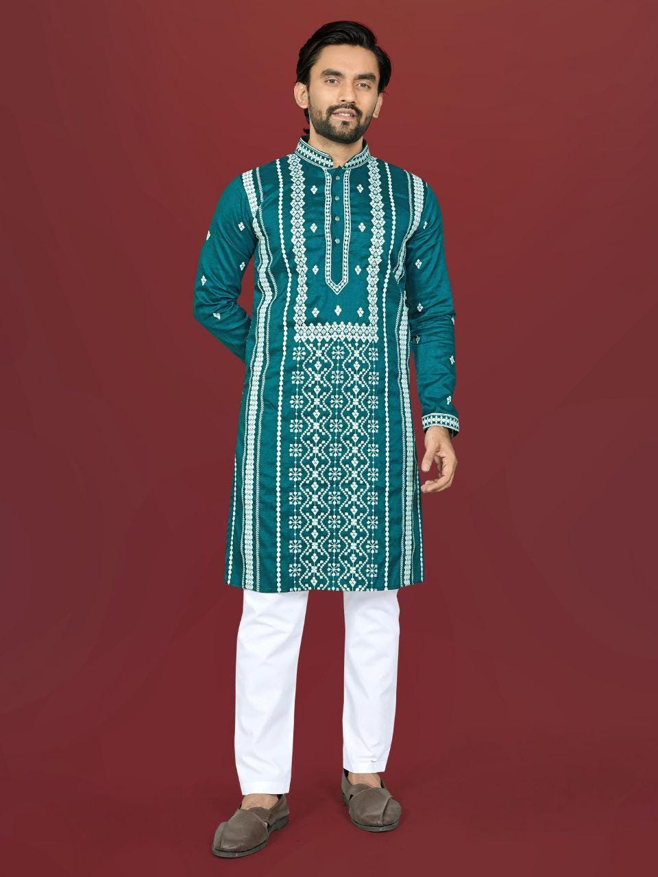 Men's Silk Kurta Pajama Set | Embroidered Silver Sequin Work, Festive Wear