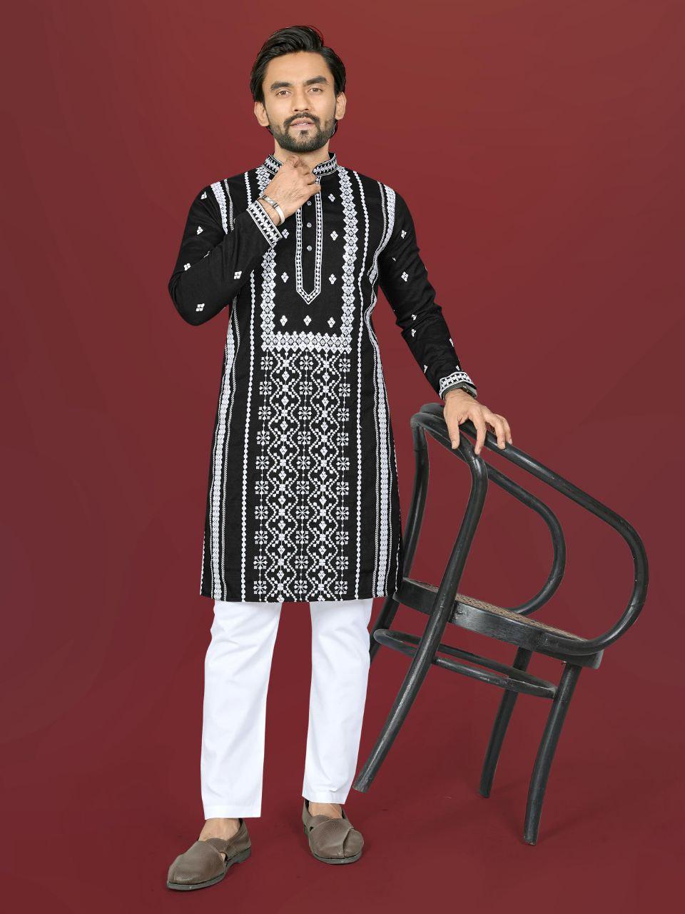 Men's Silk Kurta Pajama Set | Embroidered Silver Sequin Work, Festive Wear