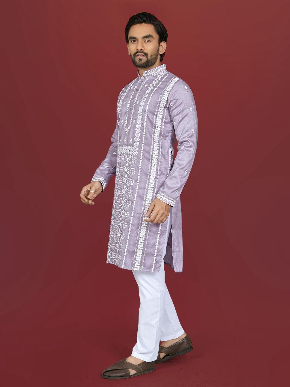 Men's Silk Kurta Pajama Set | Embroidered Silver Sequin Work, Festive Wear